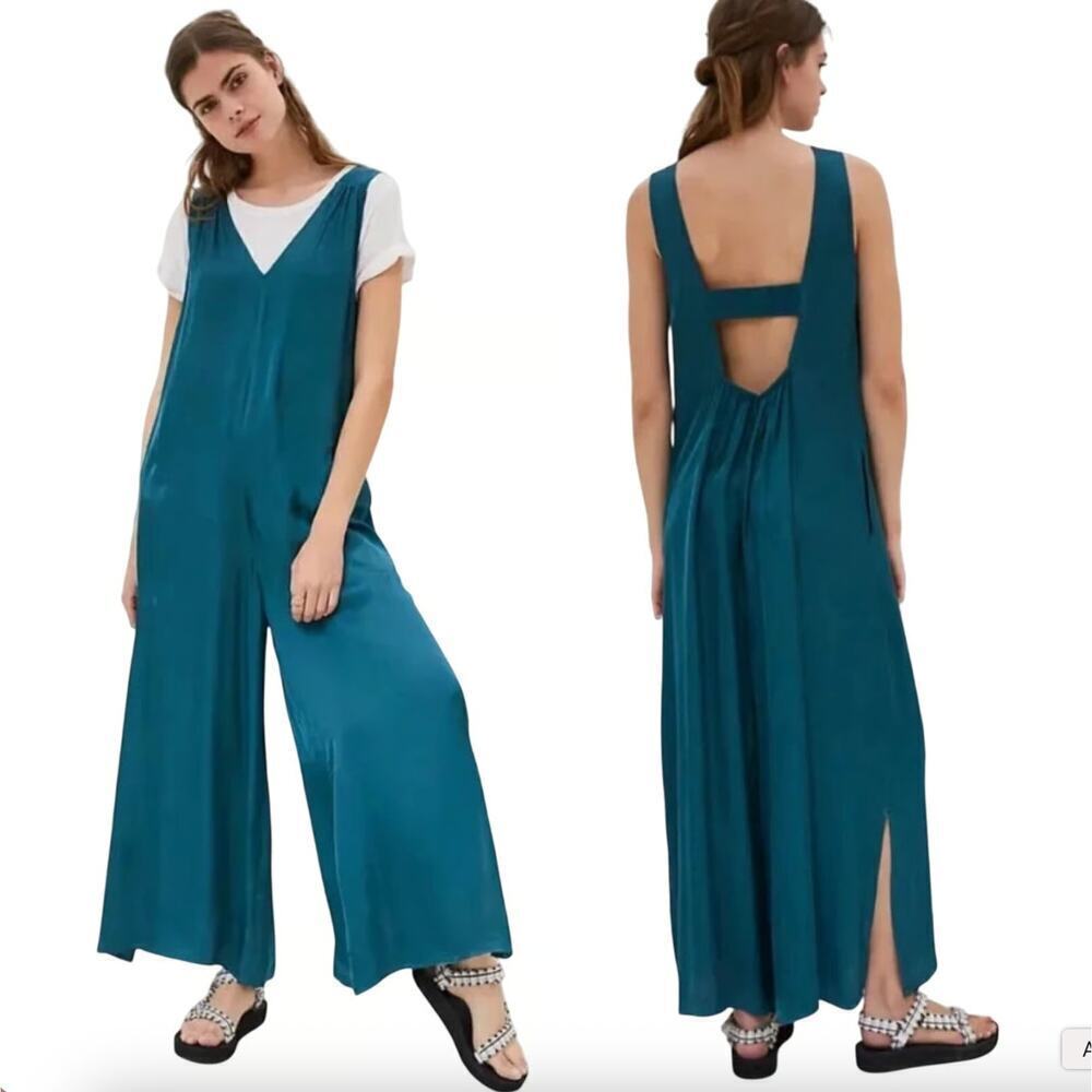 Anthropologie Juniper Wide Leg Silky Jumpsuit Dark Turquoise sz L Holiday Party